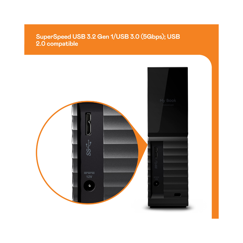 Black external hard drive with USB ports on a white background