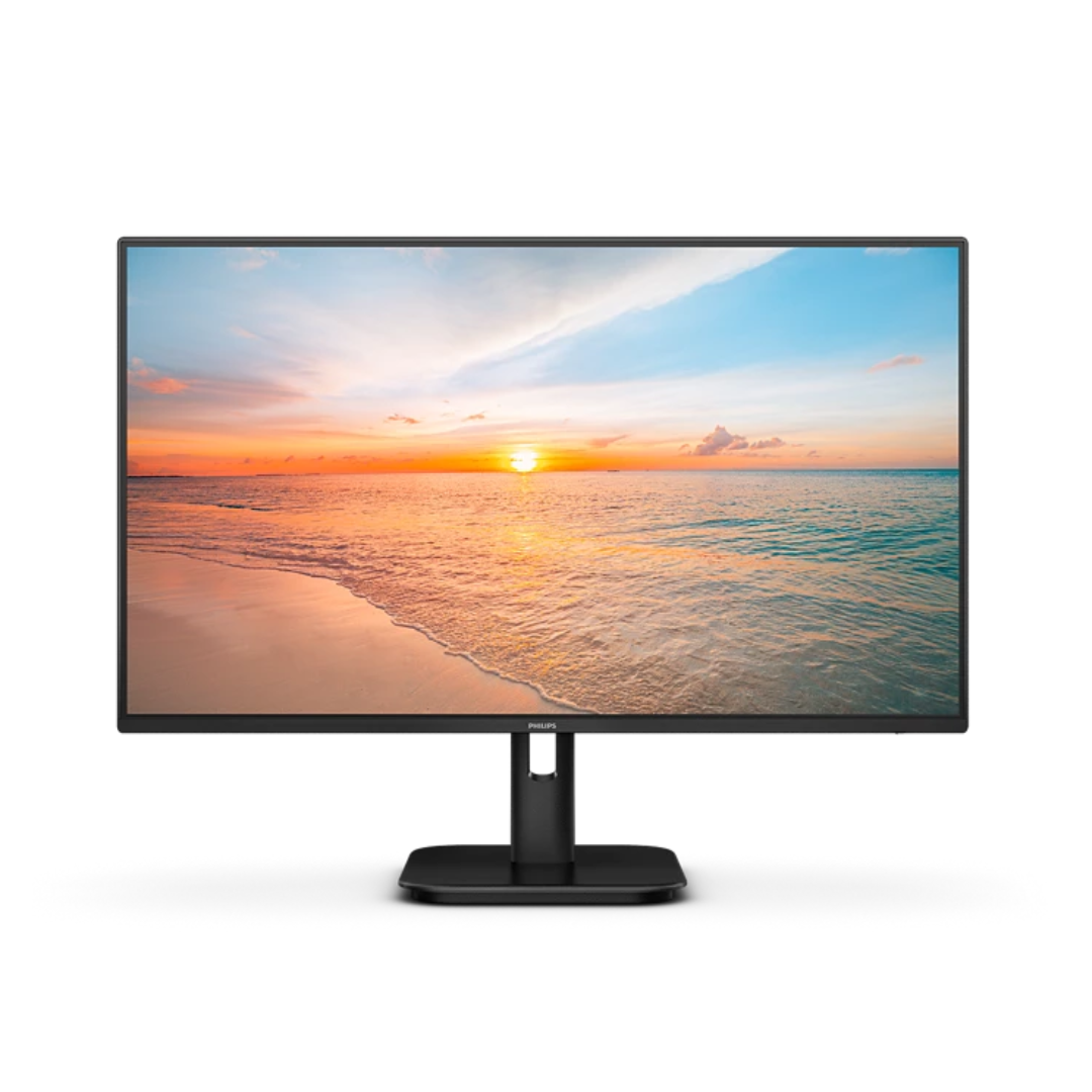 Monitor displaying a sunset over water on a white background