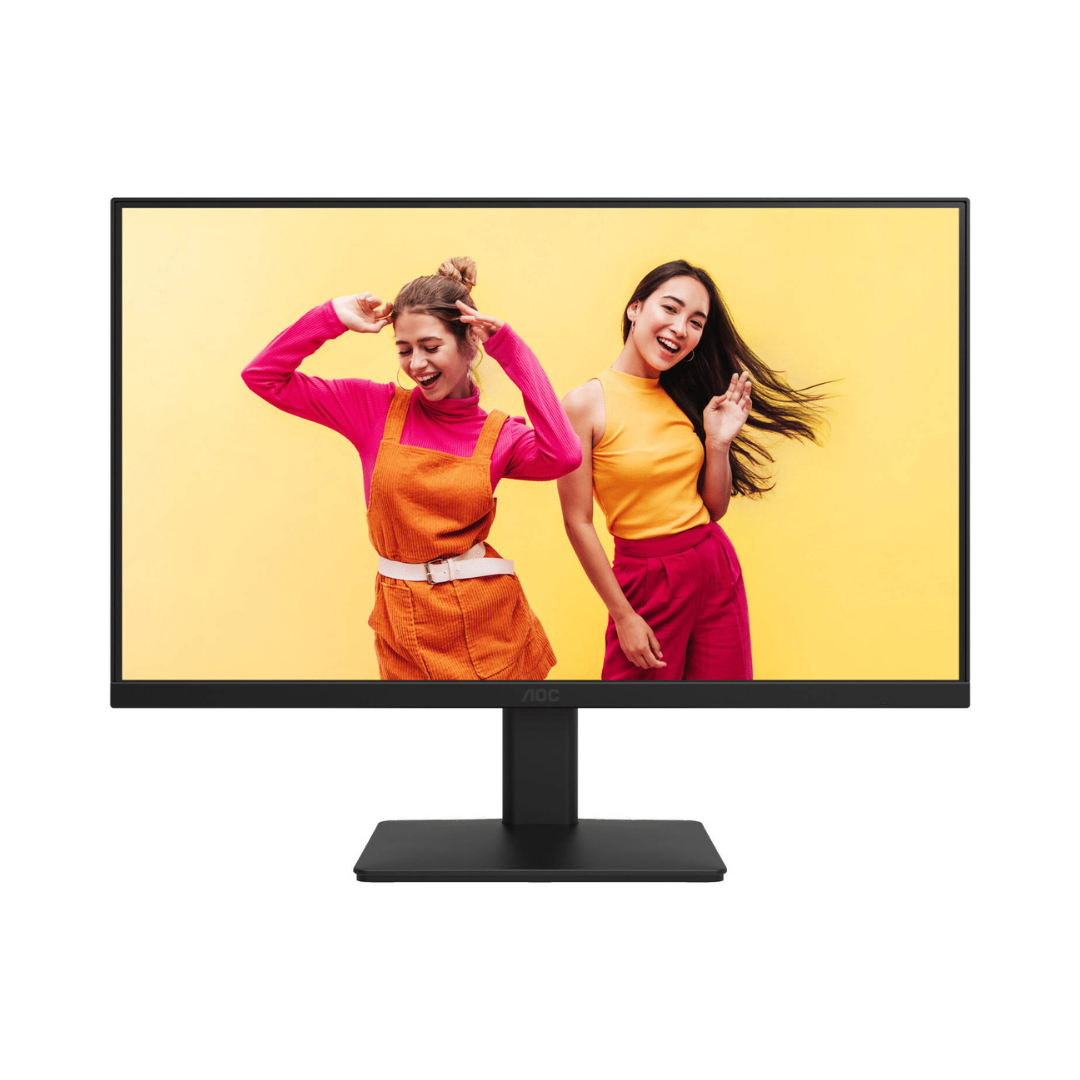 Monitor displaying two women dancing on a yellow background