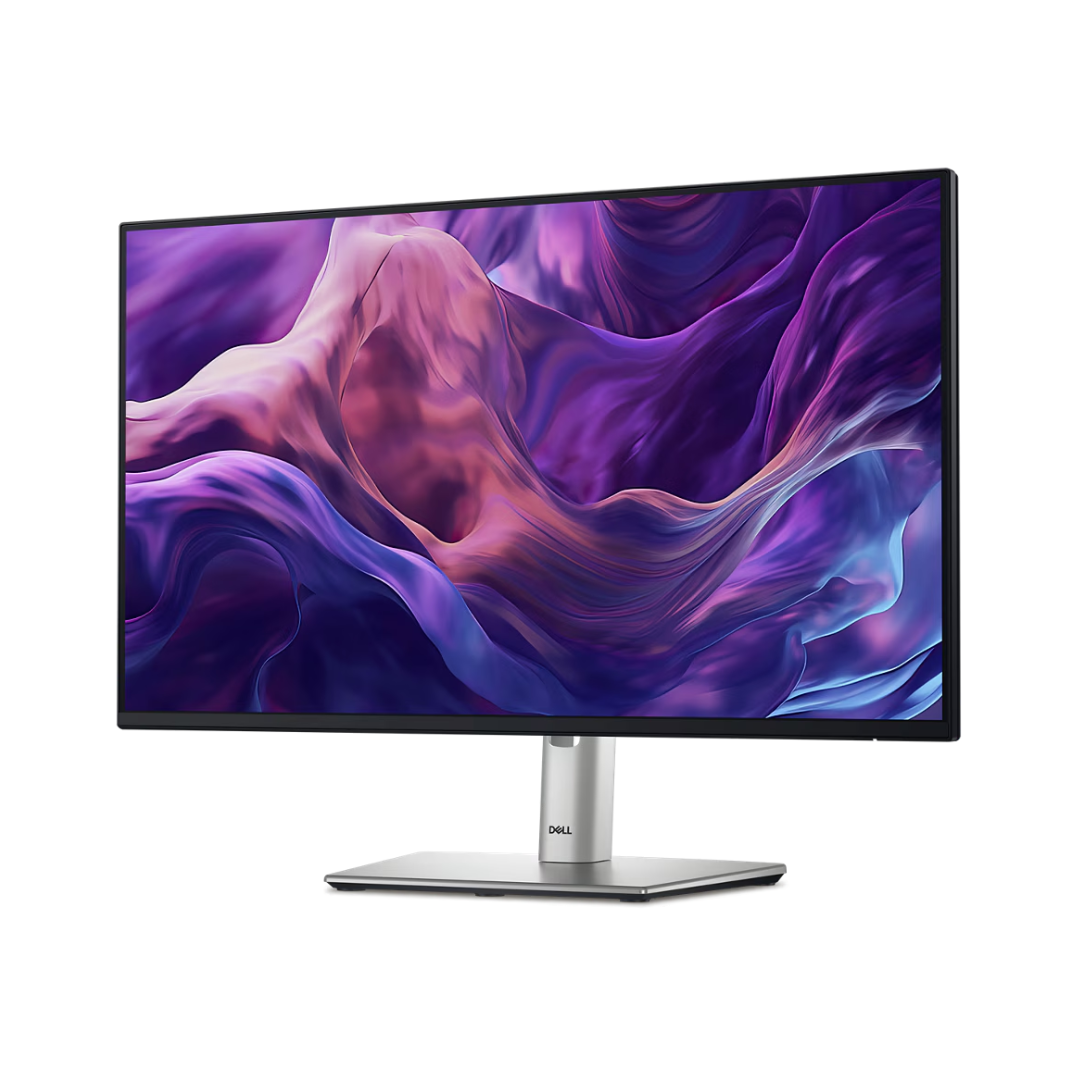Dell monitor with a colorful abstract design on the screen against a white background