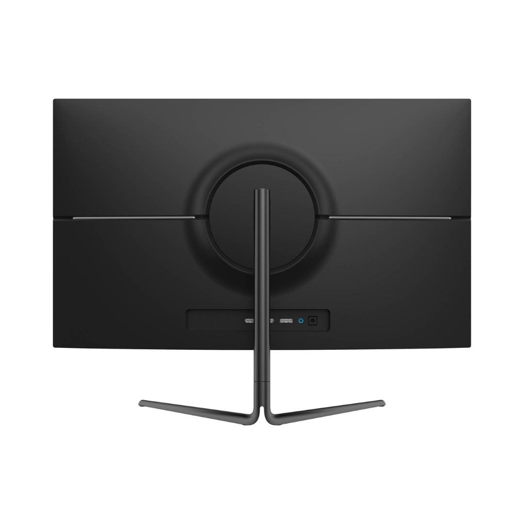 Black computer monitor with stand on a white background