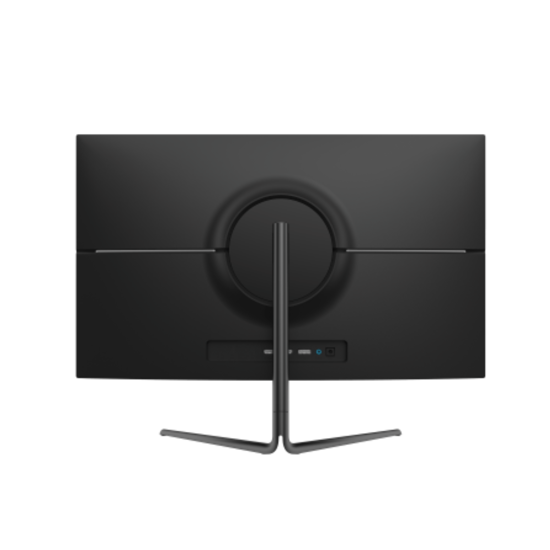 Black computer monitor with stand on a white background