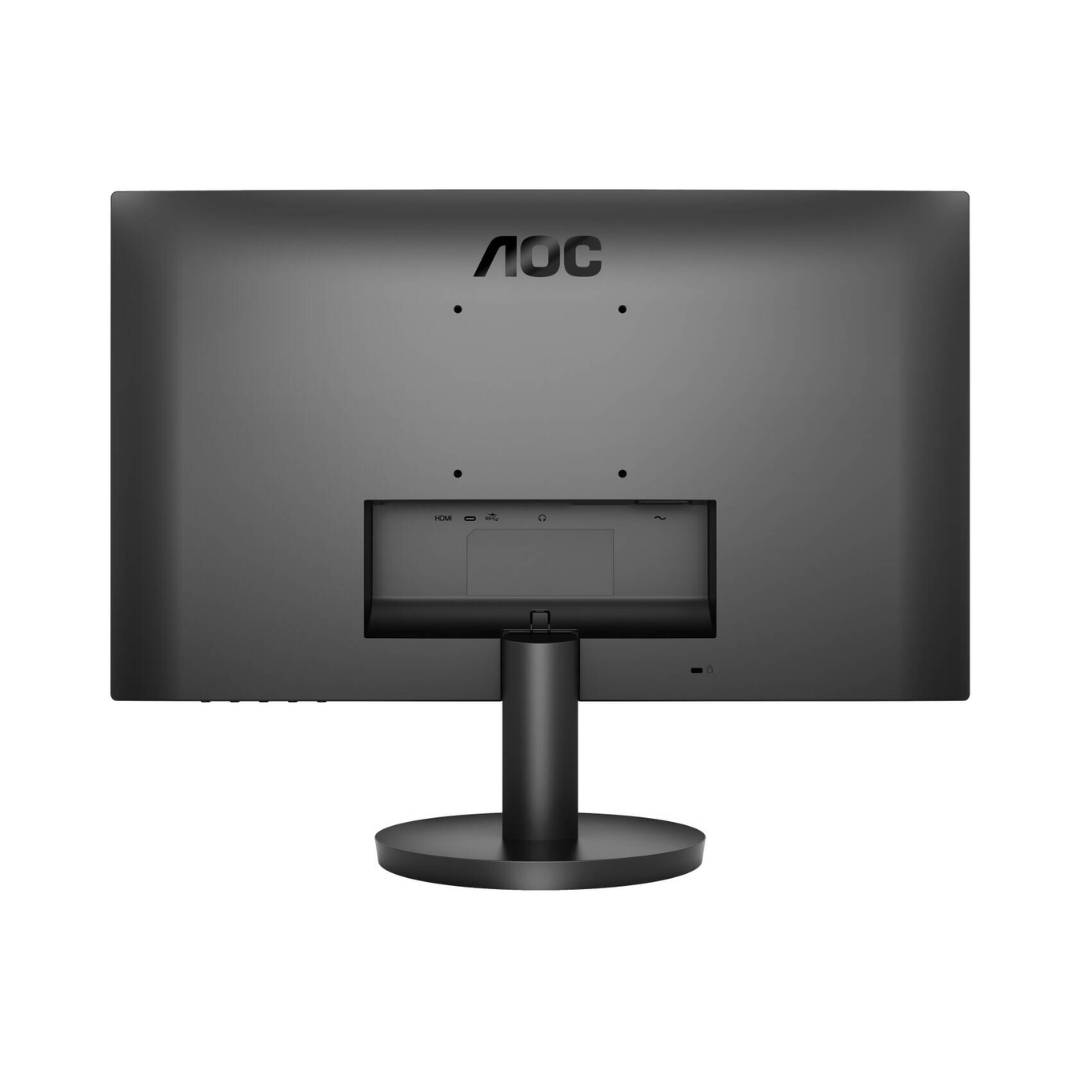 Black computer monitor with AOC logo on a white background