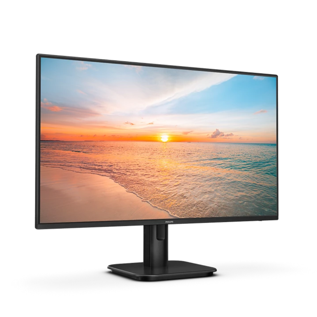 Monitor displaying a sunset over water on a white background