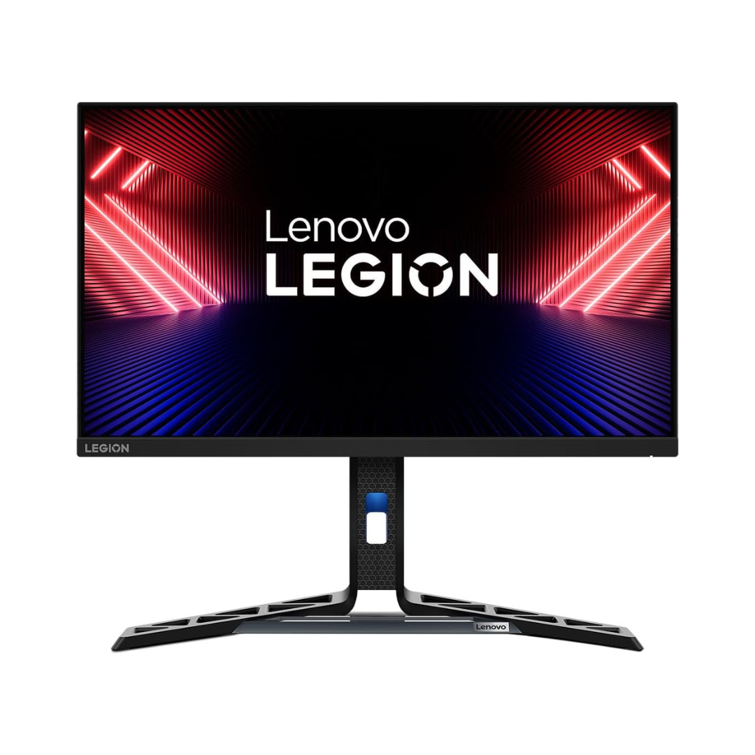 Lenovo Legion gaming monitor with red and blue lights on a white background