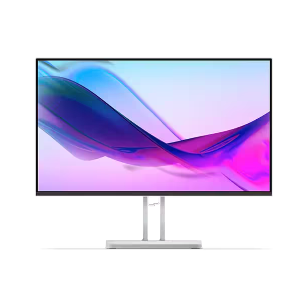 Computer monitor with a colorful display on a white background