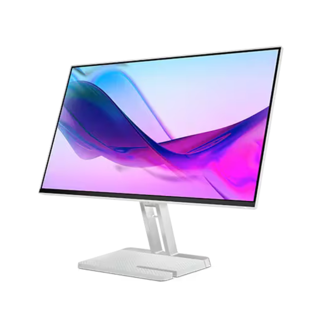Computer monitor with a colorful display on a white background