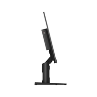Black computer monitor on a stand with a white background
