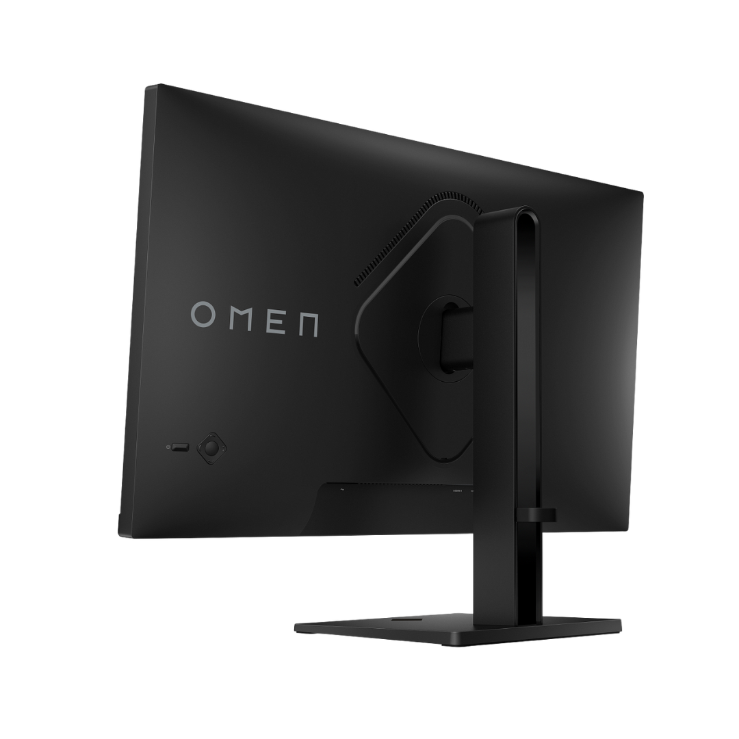 Black computer monitor with 'OMEN' branding on a white background
