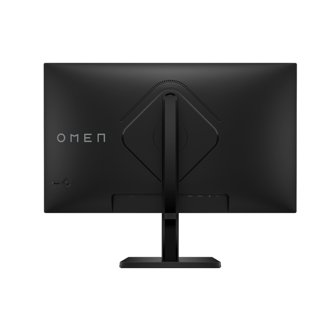 Black computer monitor with Omen branding on a white background