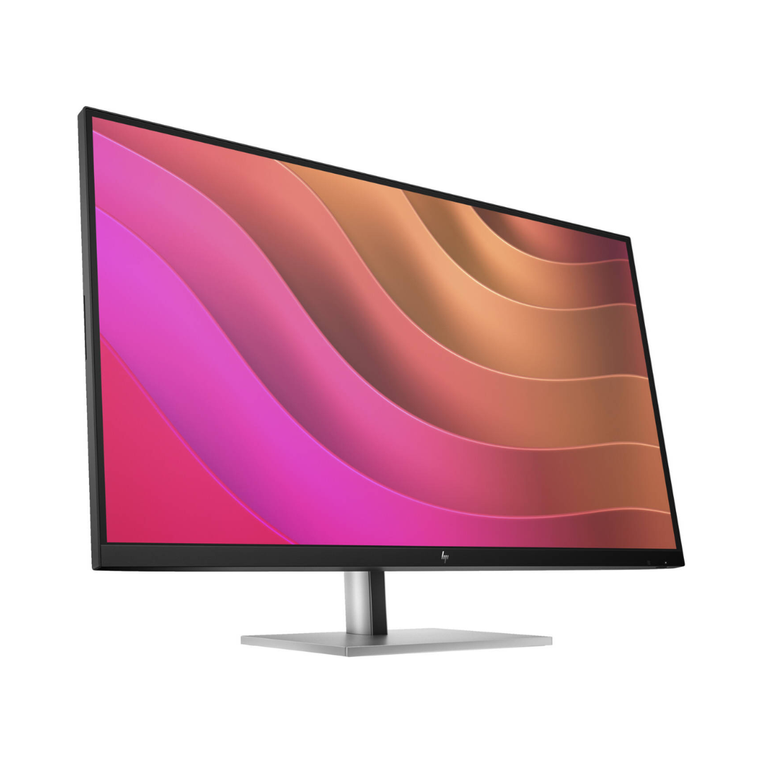 Curved computer monitor with colorful display on a white background