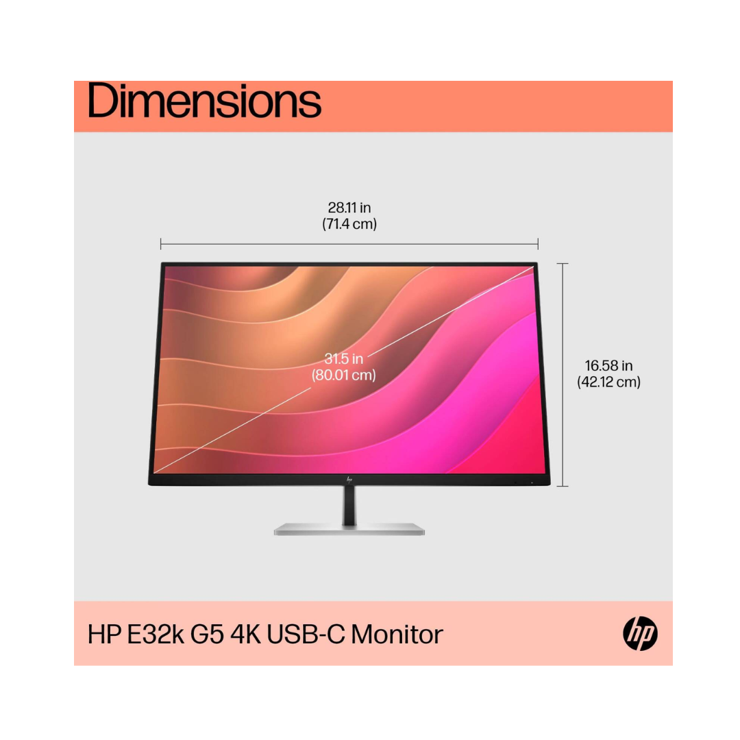 HP E32k G5 4K USB-C Monitor with dimensions on a white background