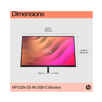 HP E32k G5 4K USB-C Monitor with dimensions on a white background