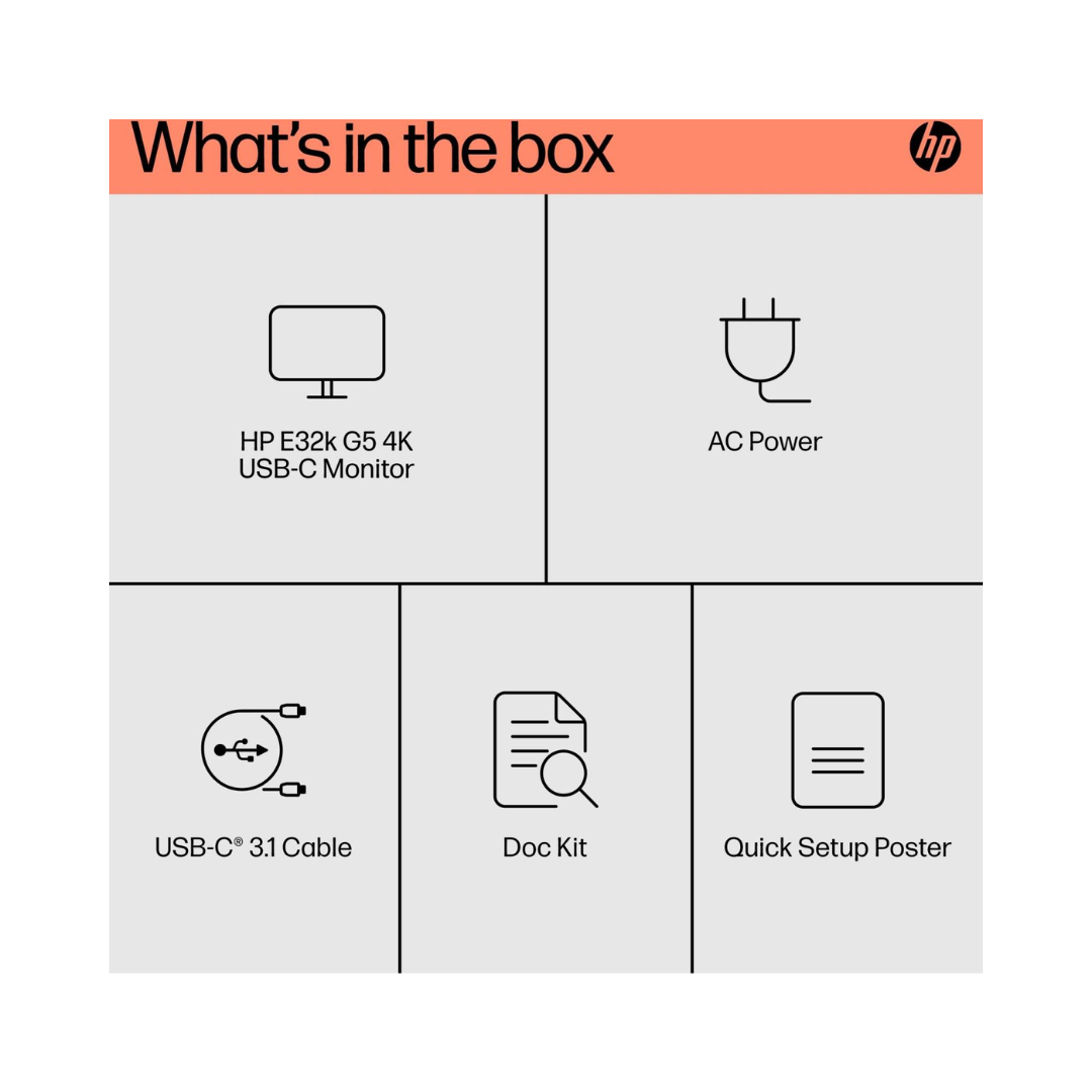 HP monitor packaging list with icons and text on a white background