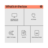 HP monitor packaging list with icons and text on a white background