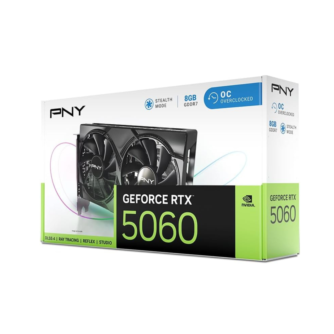 PNY GeForce RTX 5060 graphics card packaging on a white background