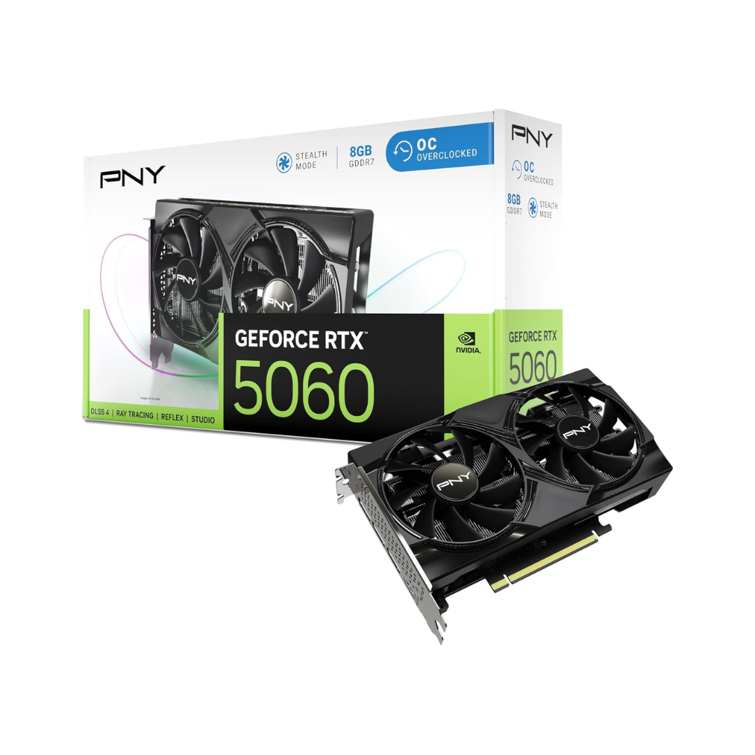 PNY GeForce RTX 5060 graphics card with packaging on a white background