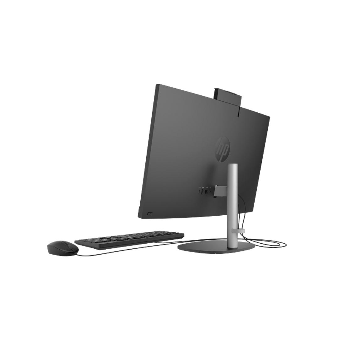HP computer setup with dual monitors, keyboard, and mouse on a white background