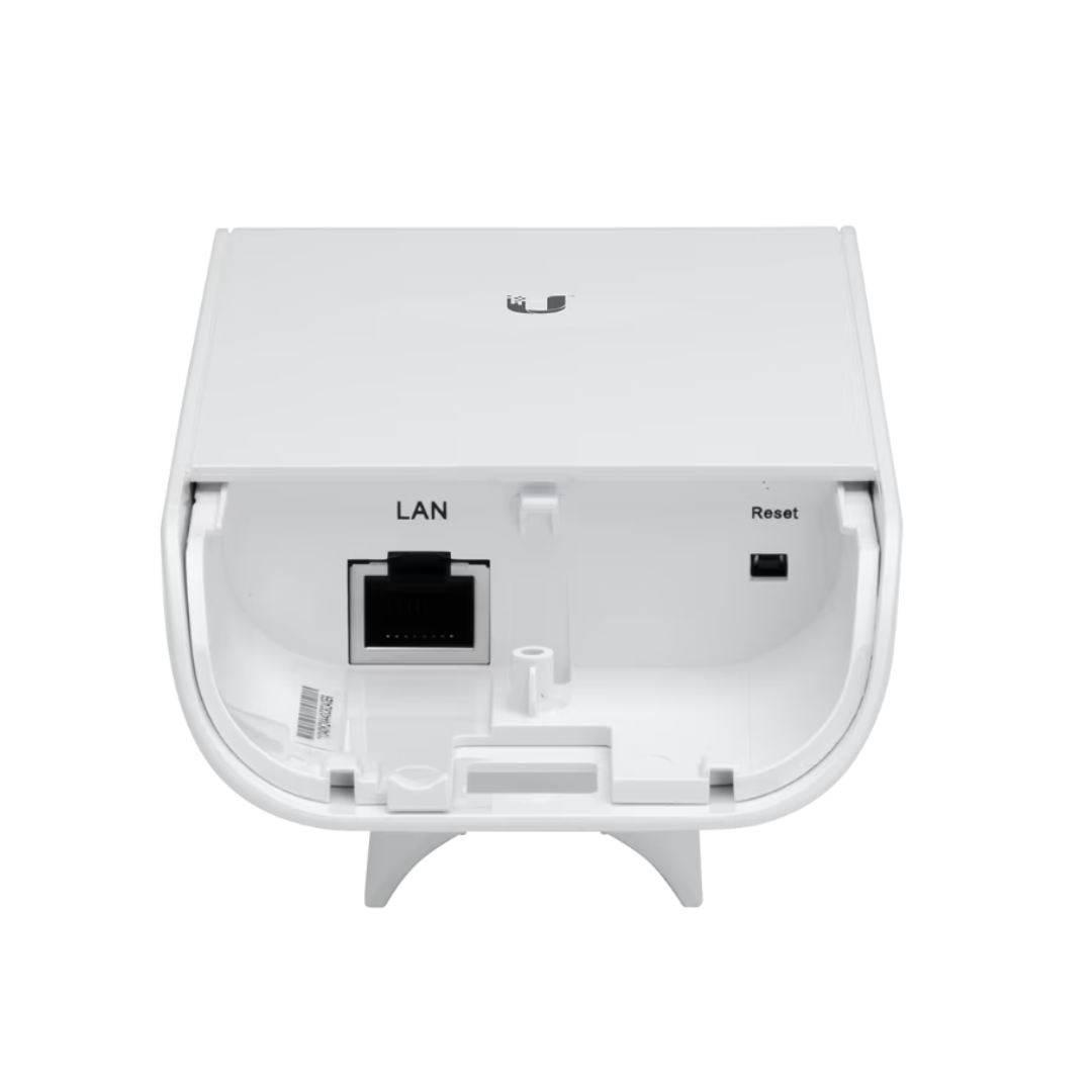 White electronic device with LAN port and reset button on a white background