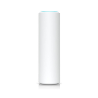 White cylindrical device with a blue light on a white background