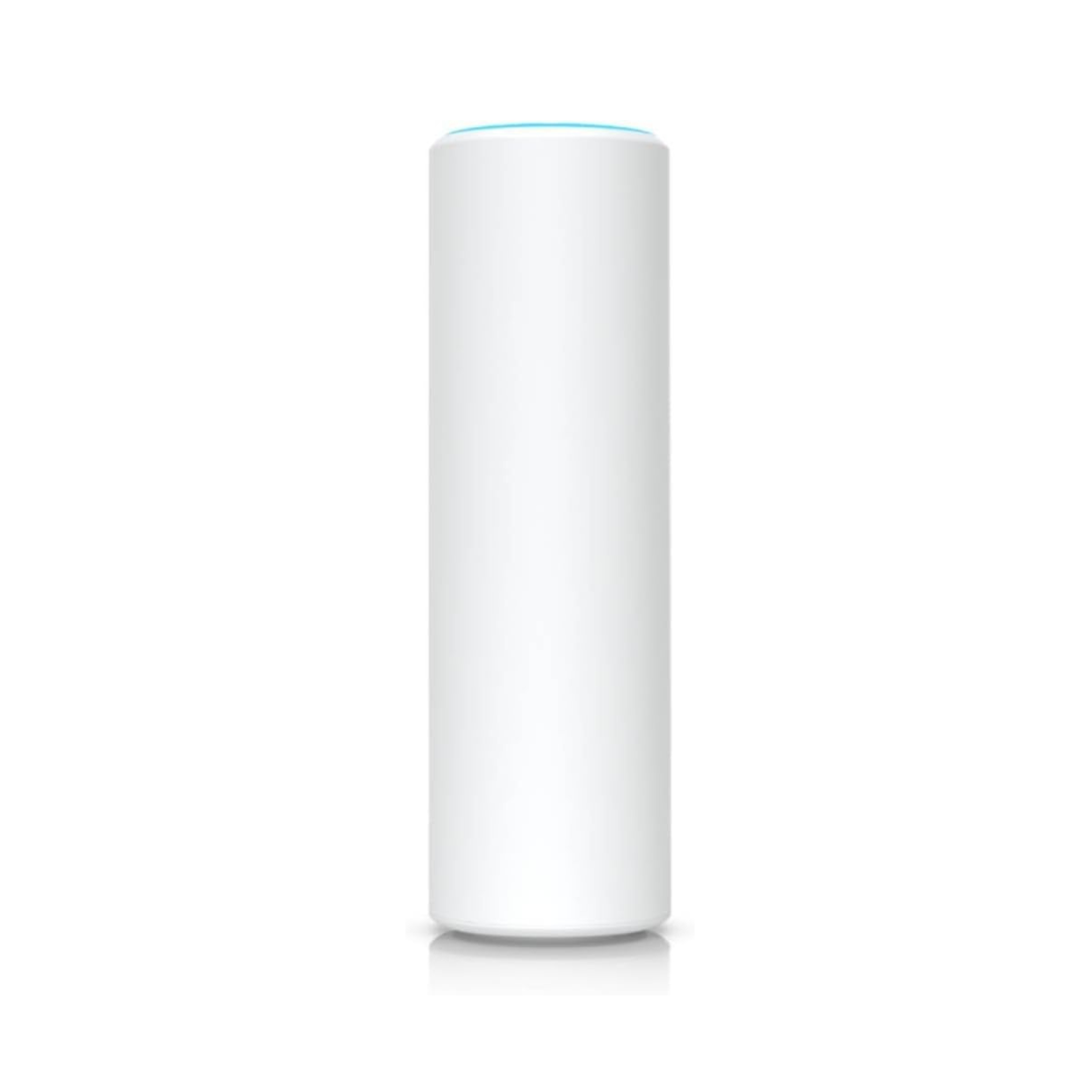 White cylindrical device with a blue light on a white background