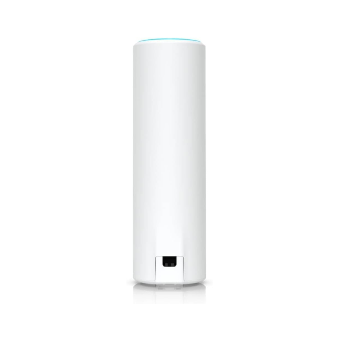 White cylindrical device with a blue light on a white background