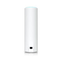 White cylindrical device with a blue light on a white background