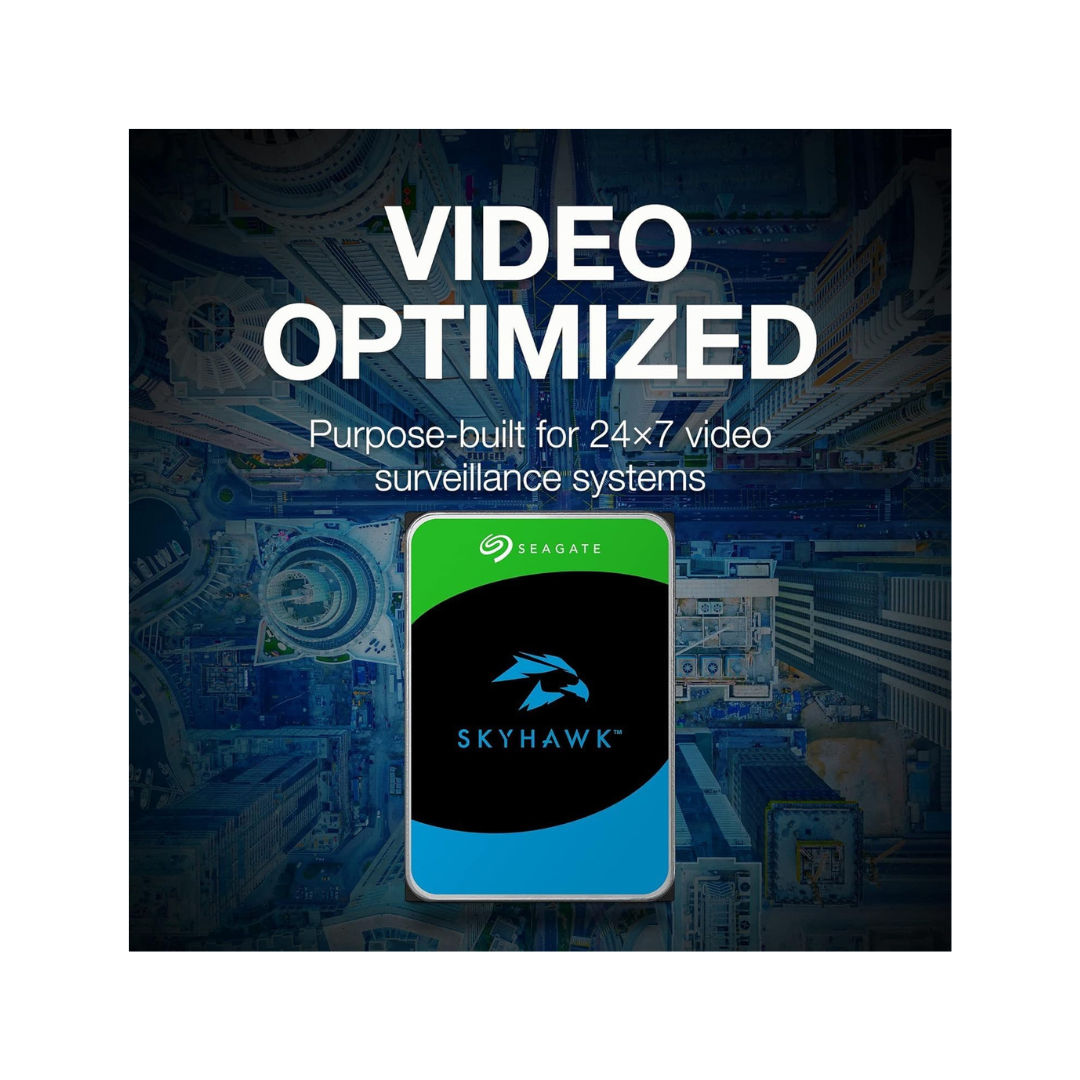 Seagate SkyHawk hard drive with video optimized text on a blurred surveillance system background