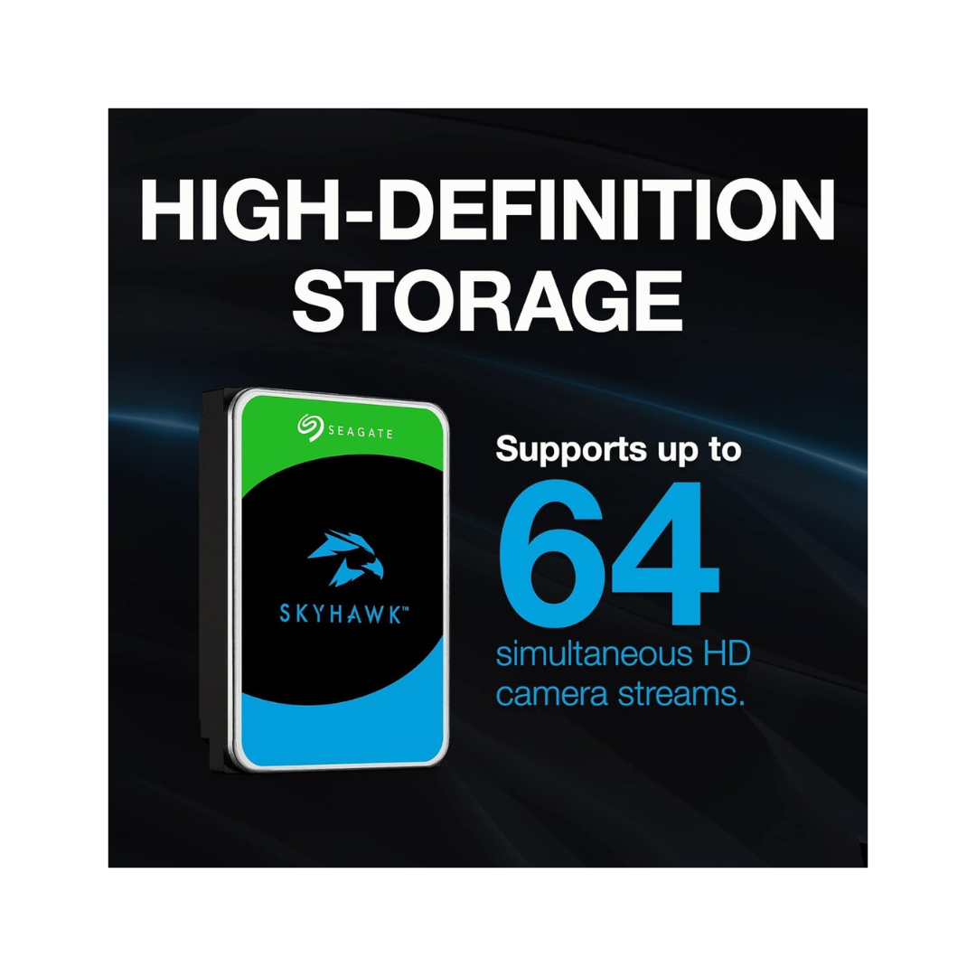 Seagate Skyhawk hard drive with high-definition storage text on a dark background