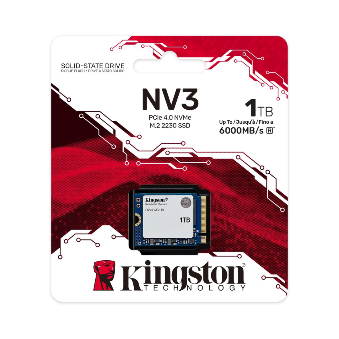 Kingston NV3 solid-state drive packaging with red and white design