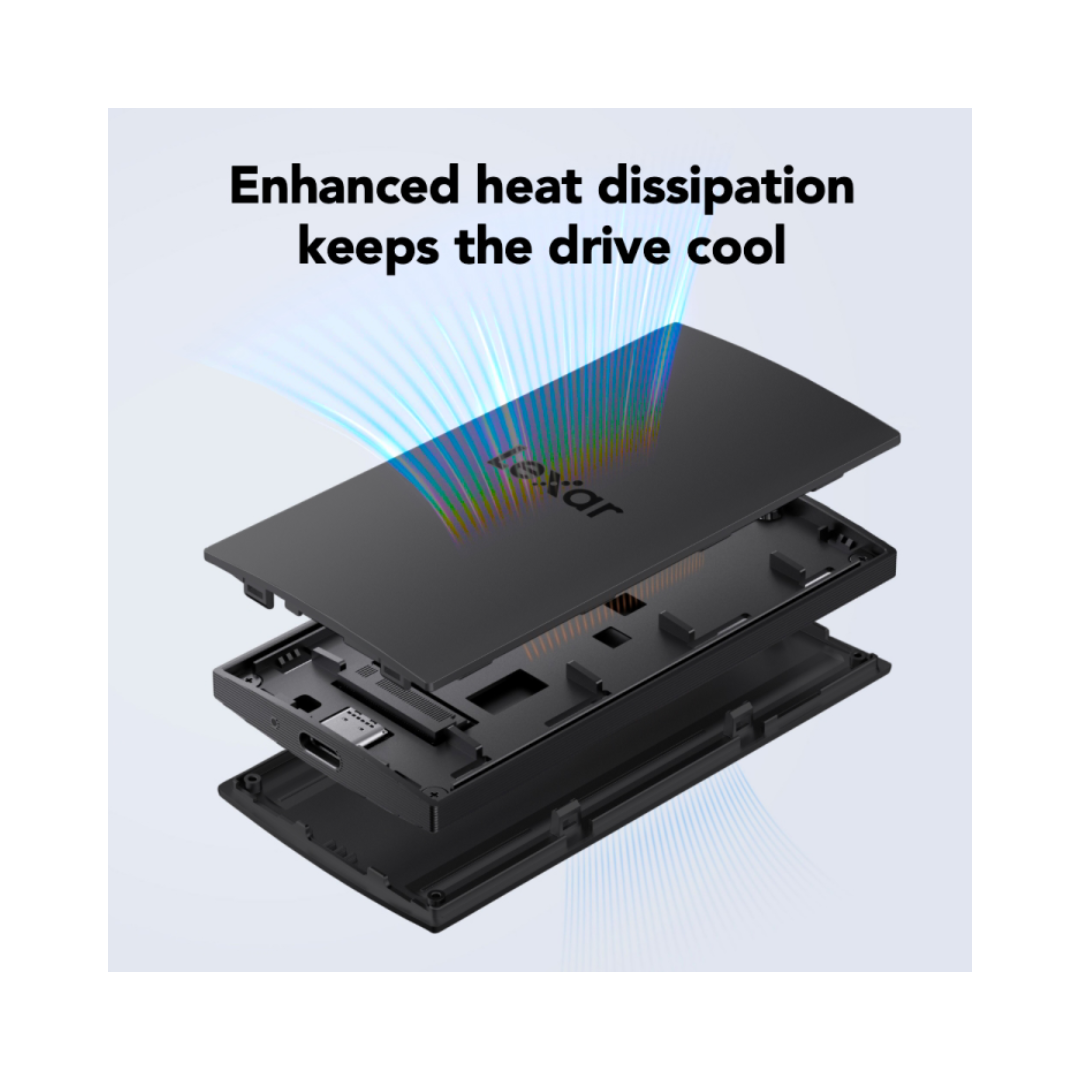 Computer hard drive with text 'Enhanced heat dissipation keeps the drive cool' on a light blue background