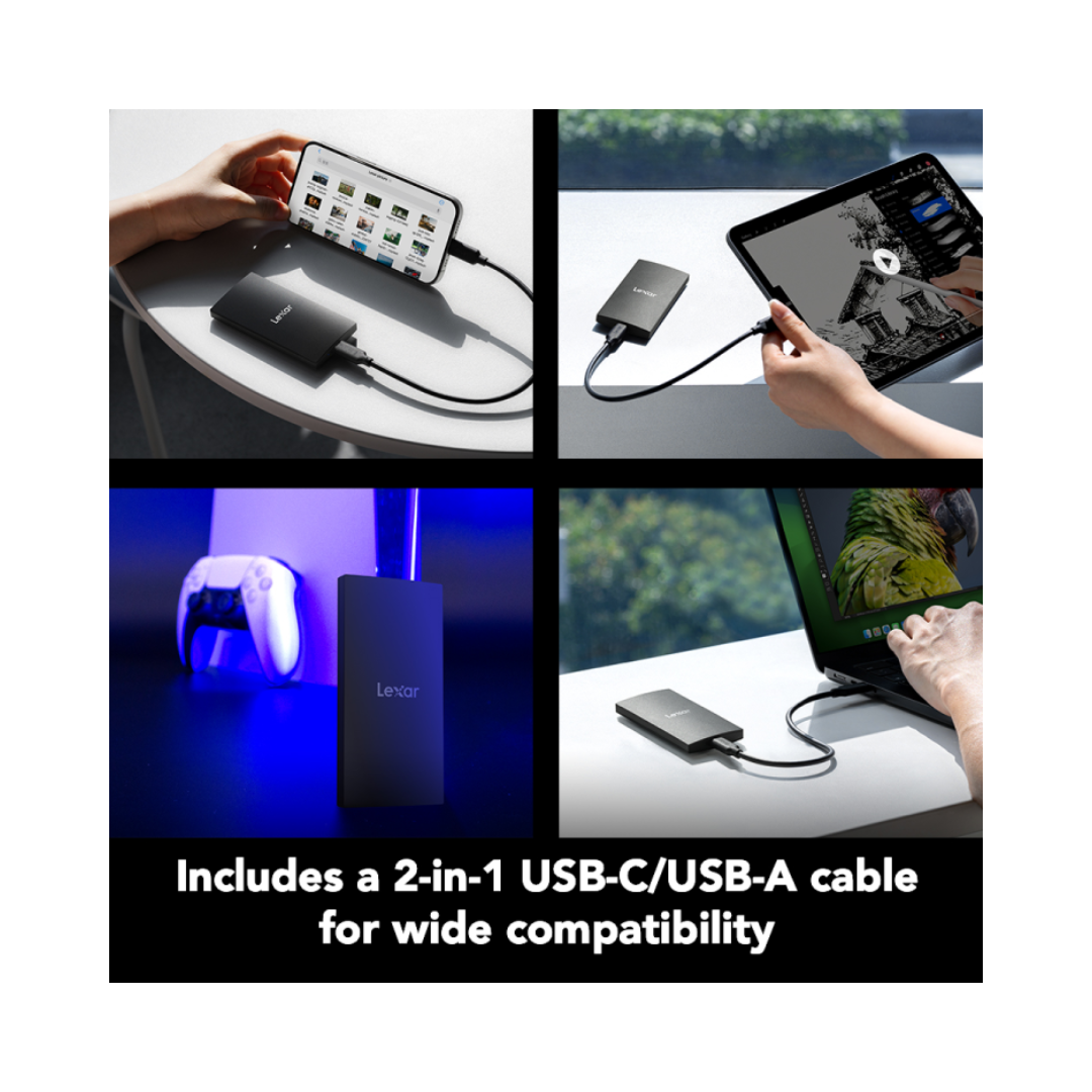 Collage of a 2-in-1 USB-C/USB-A cable being used with various devices on a white background.