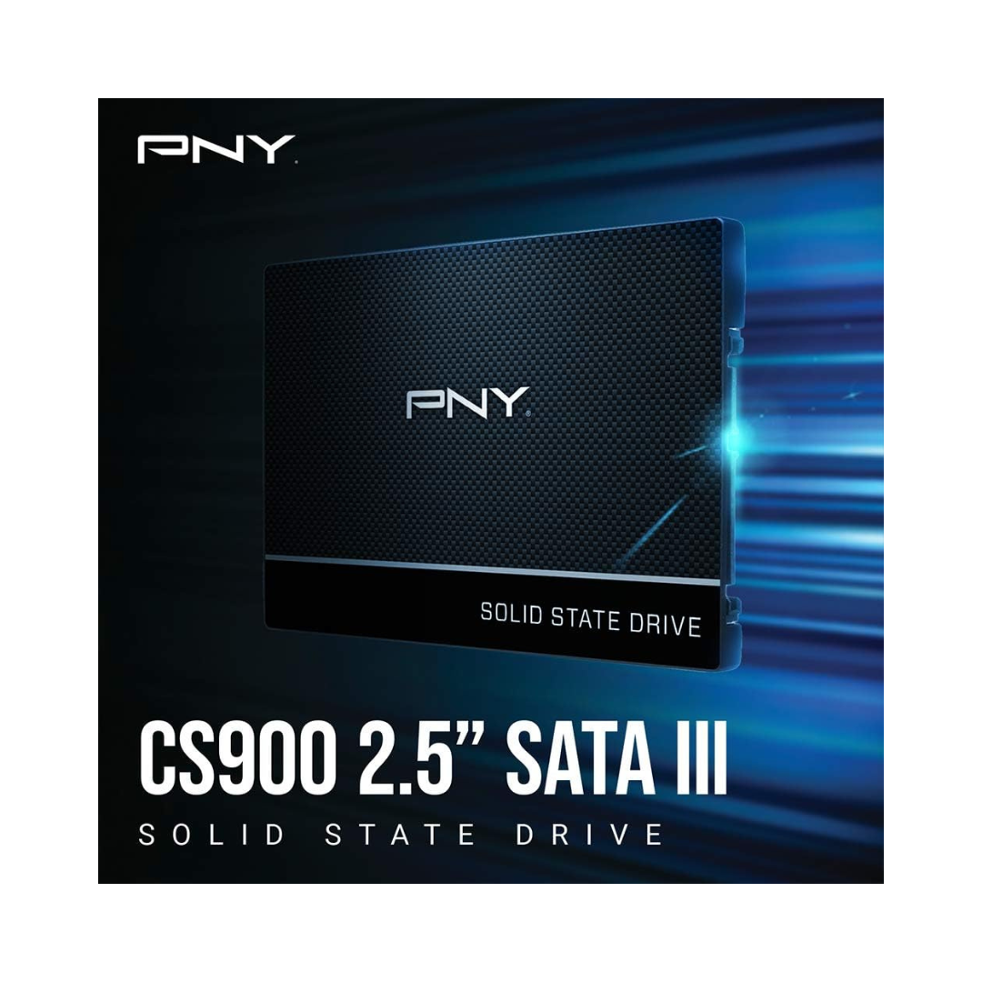 PNY solid state drive with blue light effect on a black background