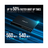 Solid-state drive with PNY branding and performance specifications on a dark background