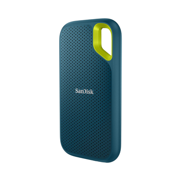 Blue SanDisk external hard drive on a white background