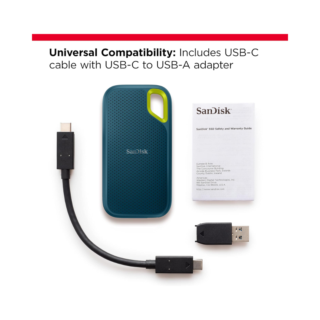 SanDisk external hard drive with USB-C cable, adapter, and warranty card on a white background