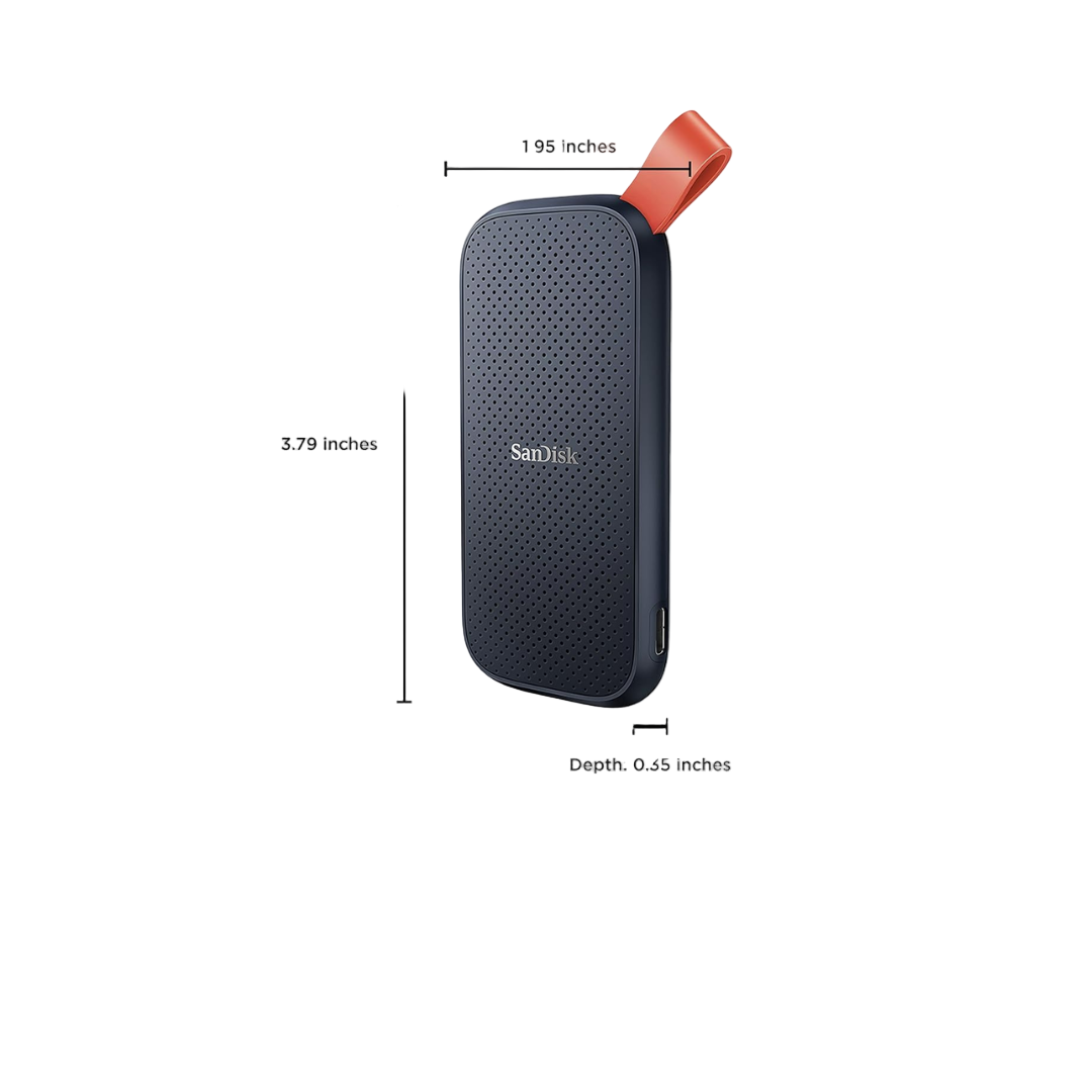 SanDisk external hard drive with dimensions and Red Dot Design Award logo on a white background