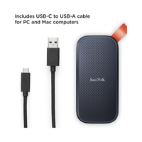 SanDisk external hard drive with USB-C and USB-A cables on a white background