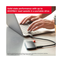 Portable solid-state drive connected to a laptop with text about performance capabilities.