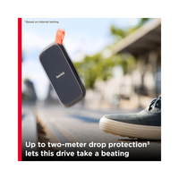 SanDisk portable hard drive being dropped onto a shoe with text about drop protection.