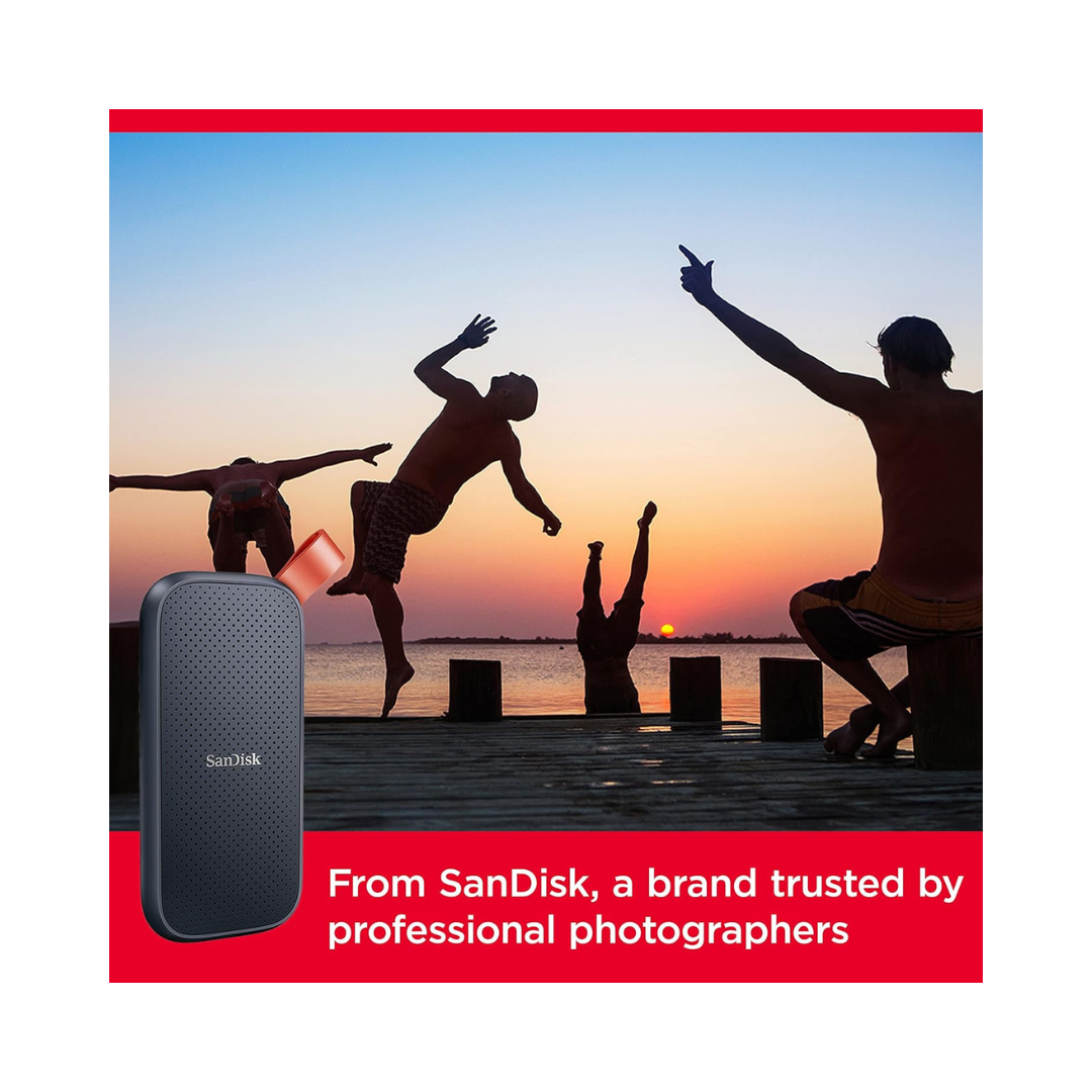 SanDisk memory card with silhouette of people jumping into water at sunset, featuring SanDisk branding.