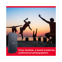 SanDisk memory card with silhouette of people jumping into water at sunset, featuring SanDisk branding.
