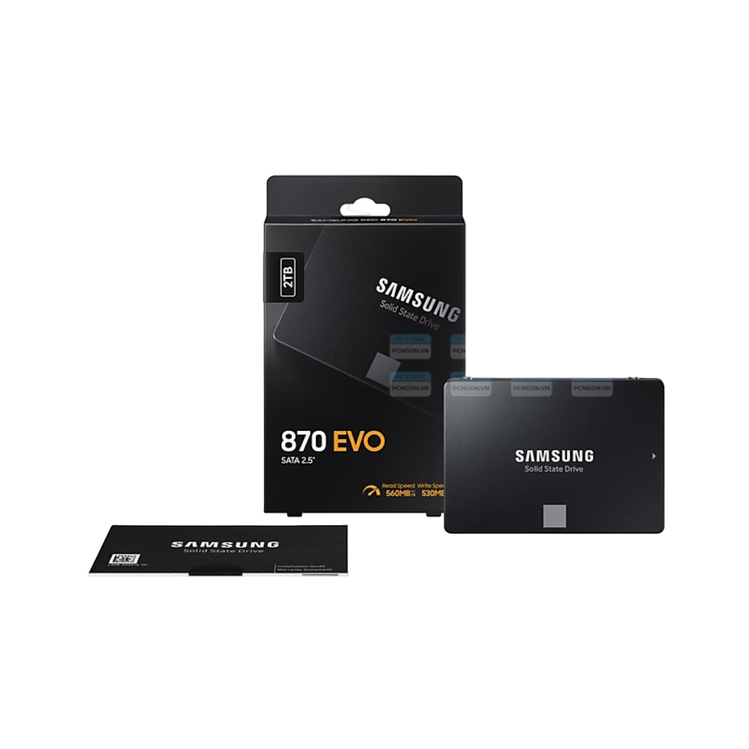 Samsung 870 EVO SSD packaging and drive on a white background