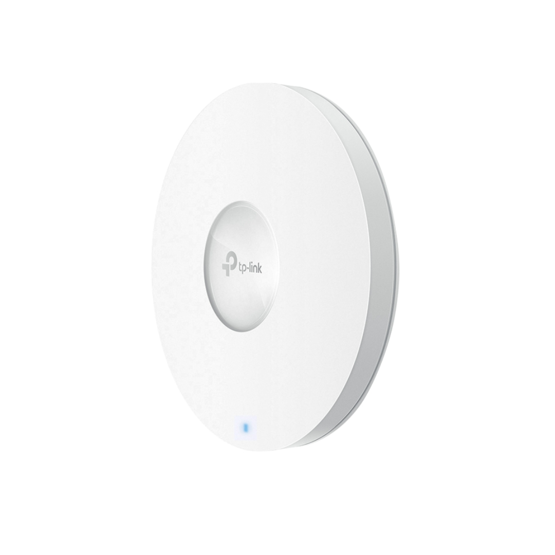 White round device with a blue light on a white background