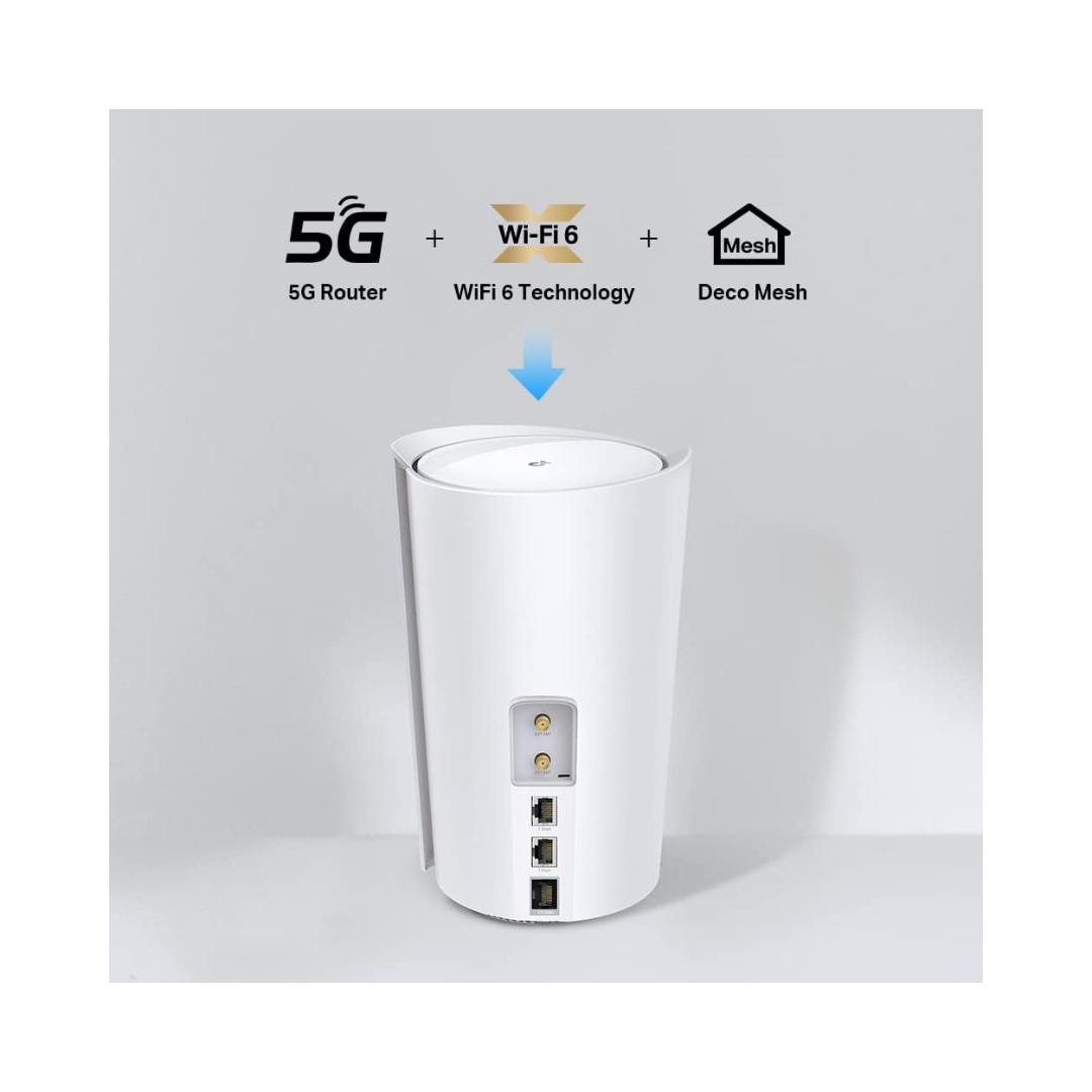 White router with 5G, Wi-Fi 6, and Deco Mesh technology icons on a gray background
