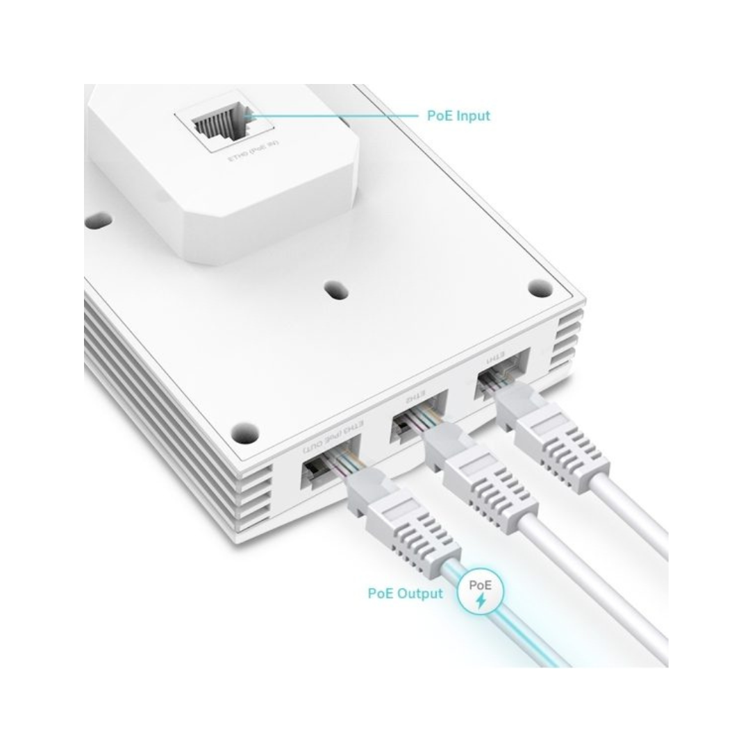 White network switch with Ethernet cables and labeled PoE inputs and outputs on a white background