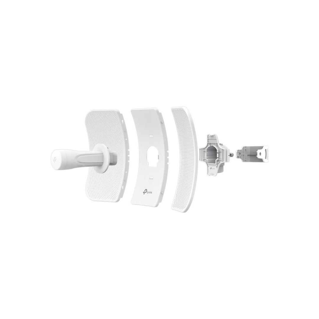 White satellite dish components on a white background