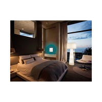 Modern bedroom with a bed and a view of the sky