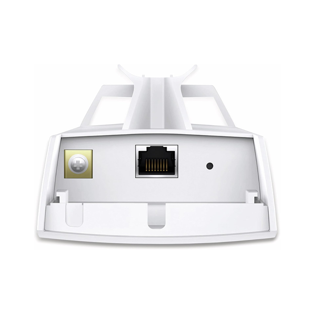White electronic device with a gold button and Ethernet port on a white background