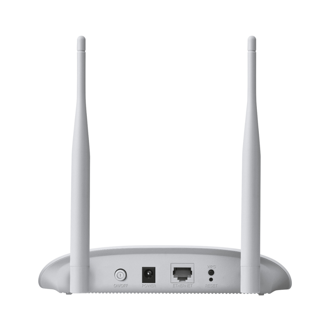 White wireless router with two antennas on a white background